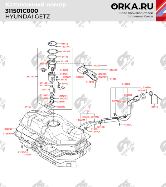 Пластиковый топливный бак Hyundai Getz, 2002-2011 г.в. (BP) - 45 л.